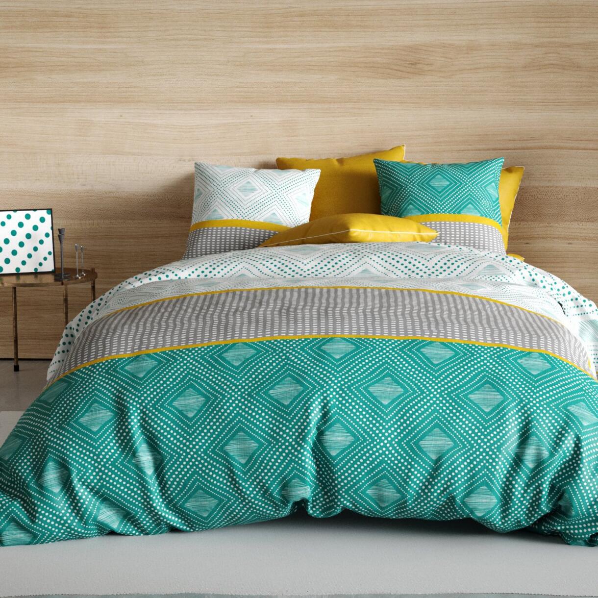 Funda nórdica y dos fundas de almohada en algodón (240 cm) Aurah Verde esmeralda 1