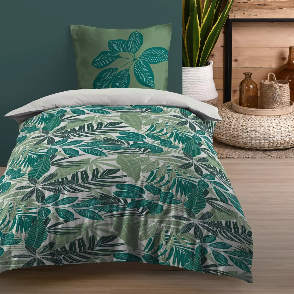 Funda Nórdica y una funda para almohada en algodón (140 cm) Satipo Verde esmeralda 1