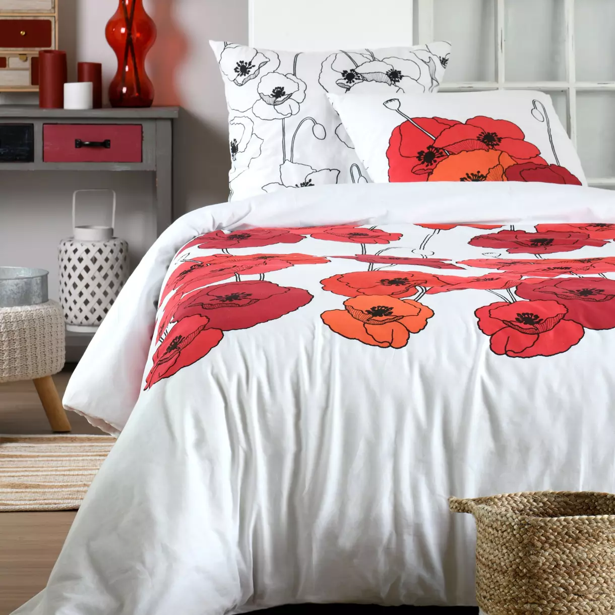 Housse de couette et deux taies coton (240 cm) Diane Rouge 1