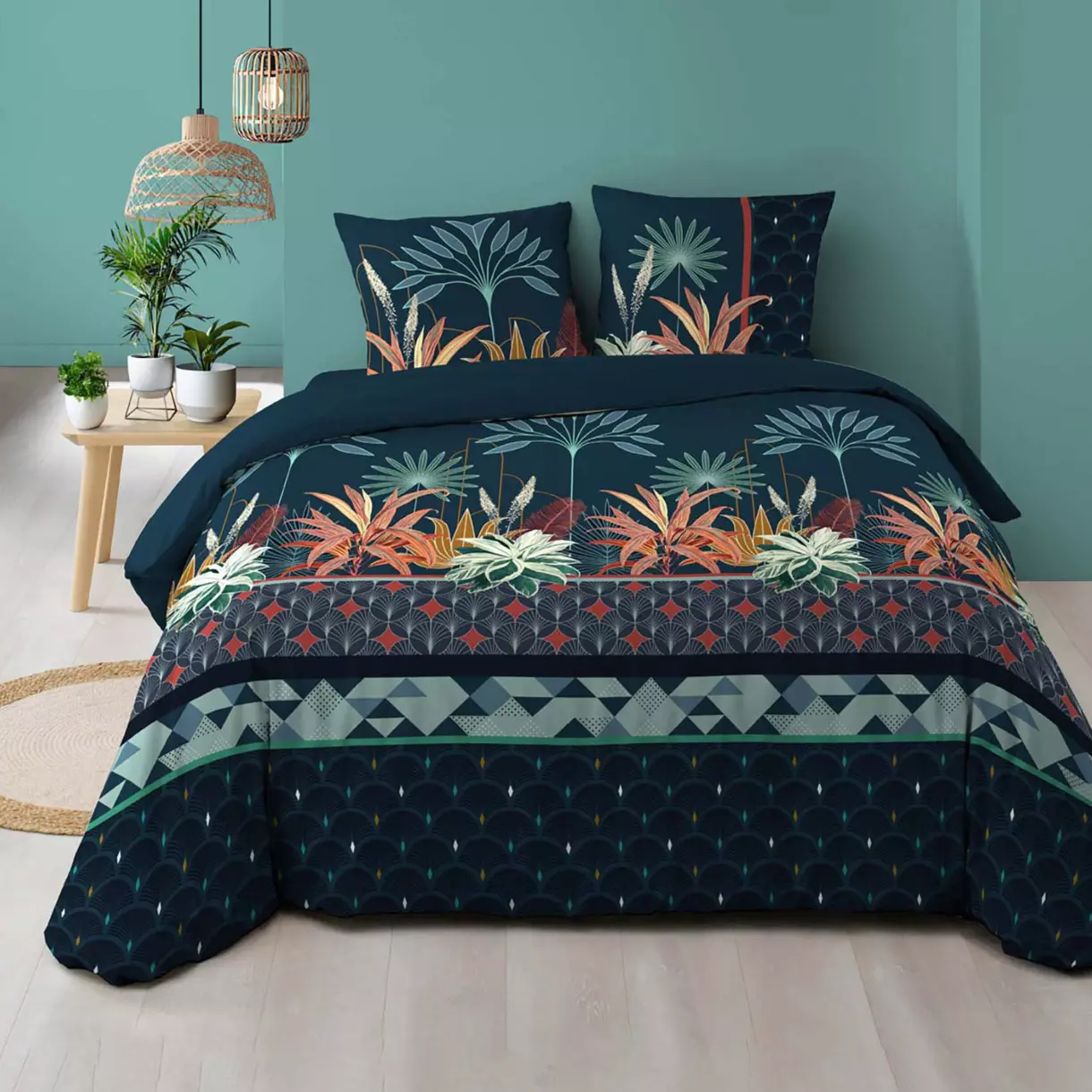 Housse de couette et deux taies coton (240 cm) Floriana Bleue 1