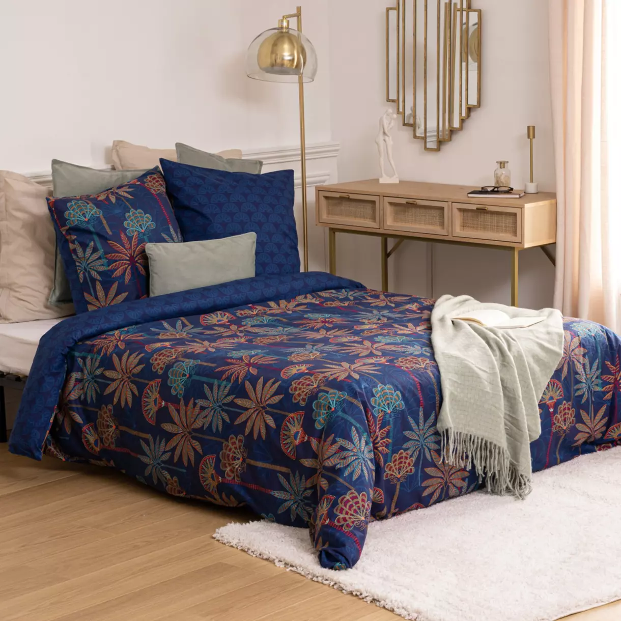 Housse de couette et deux taies coton (240 cm) Papira Bleue