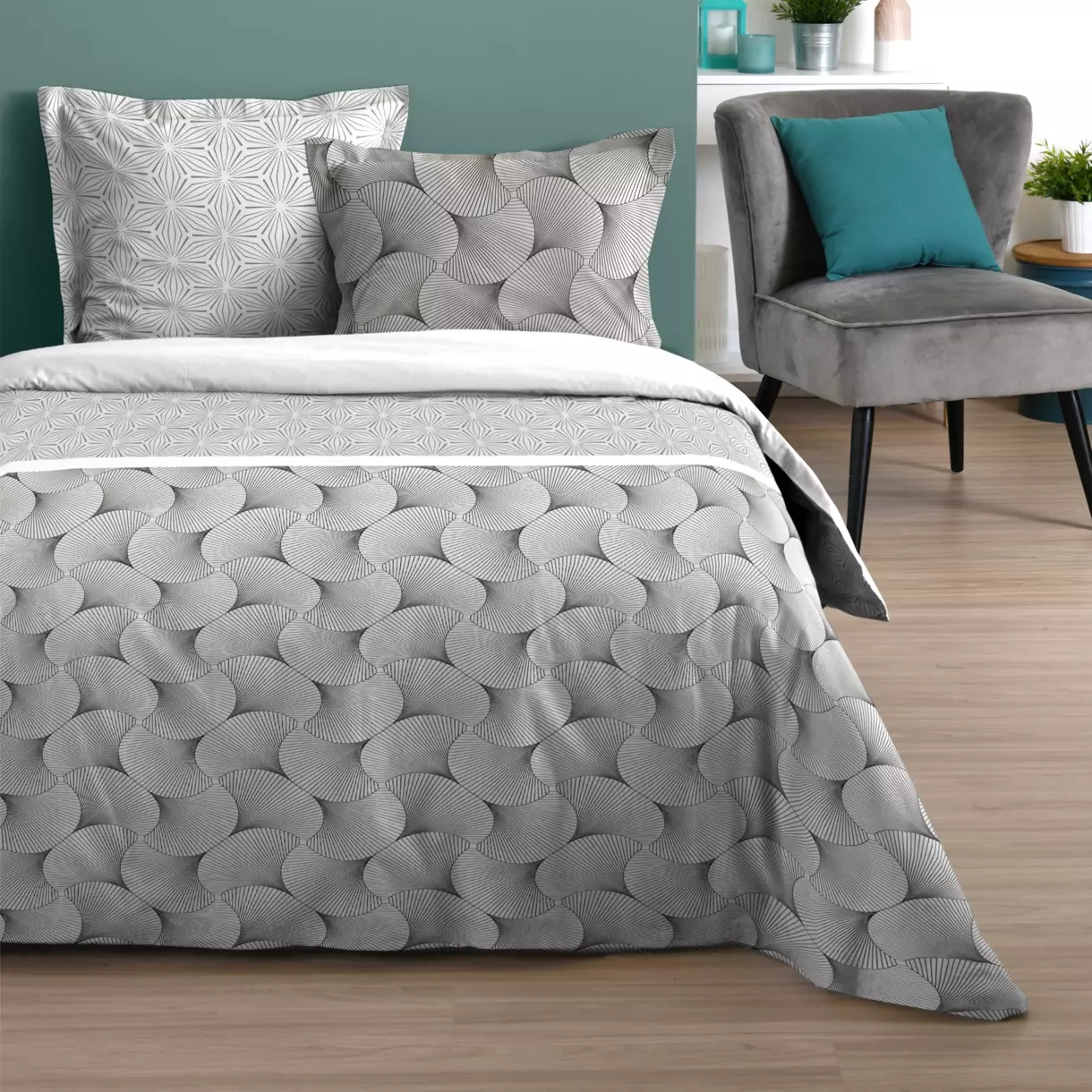 Housse de couette et deux taies coton (260 cm) Canberra Grise 1