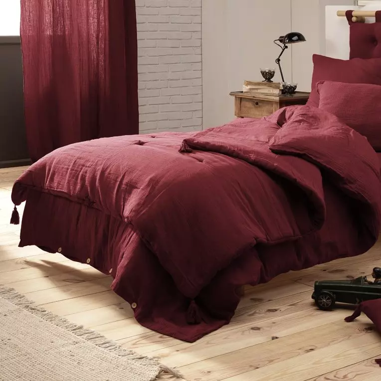 Camino de cama edredón gasa de algodón (150 x 150 cm) Gaïa Vino tinto 1