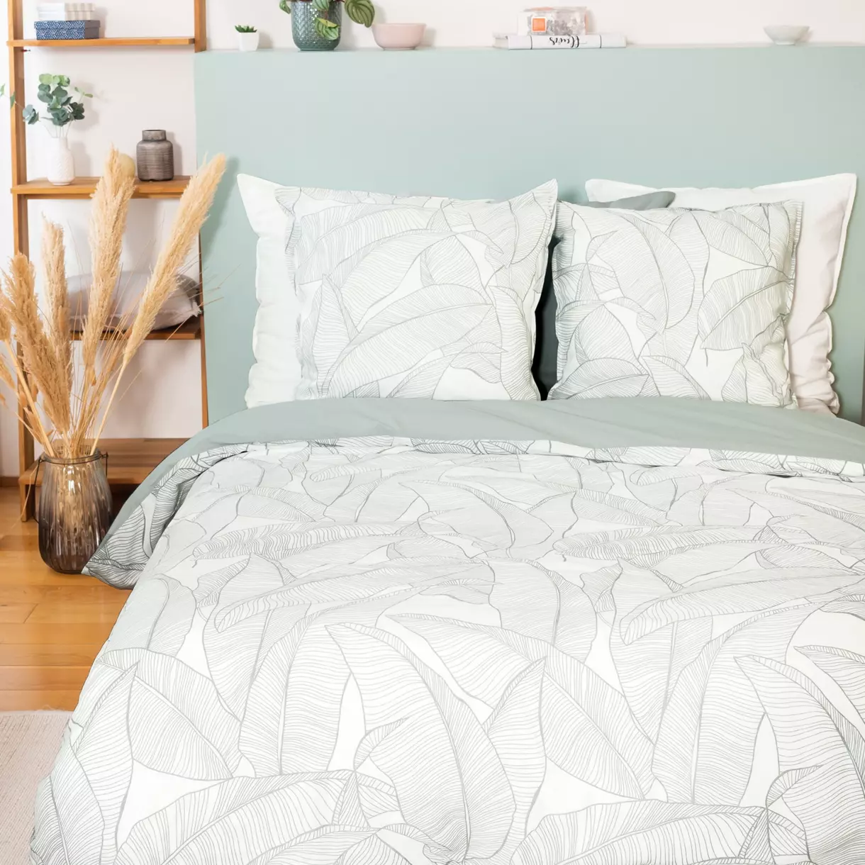 Funda Nórdica y dos fundas para almohada en algodón y lino lavado (240 cm) Pampelune Verde claro 1