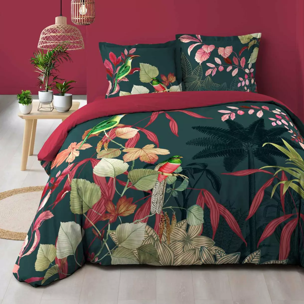 Housse de couette et deux taies coton (240 cm) Fauvette Rose 1