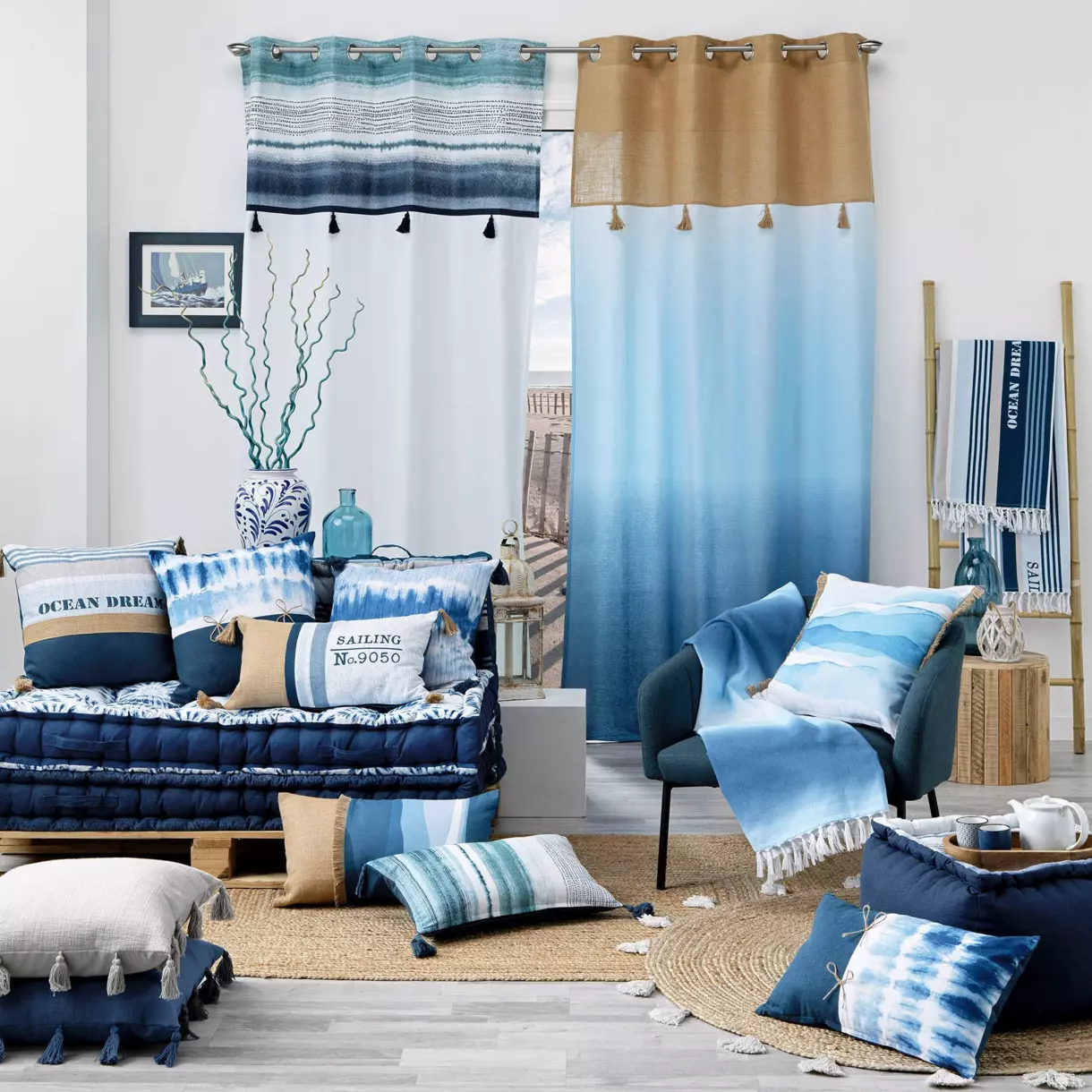 Housse de couette et deux taies coton (240 cm) Azzurra Bleue 6