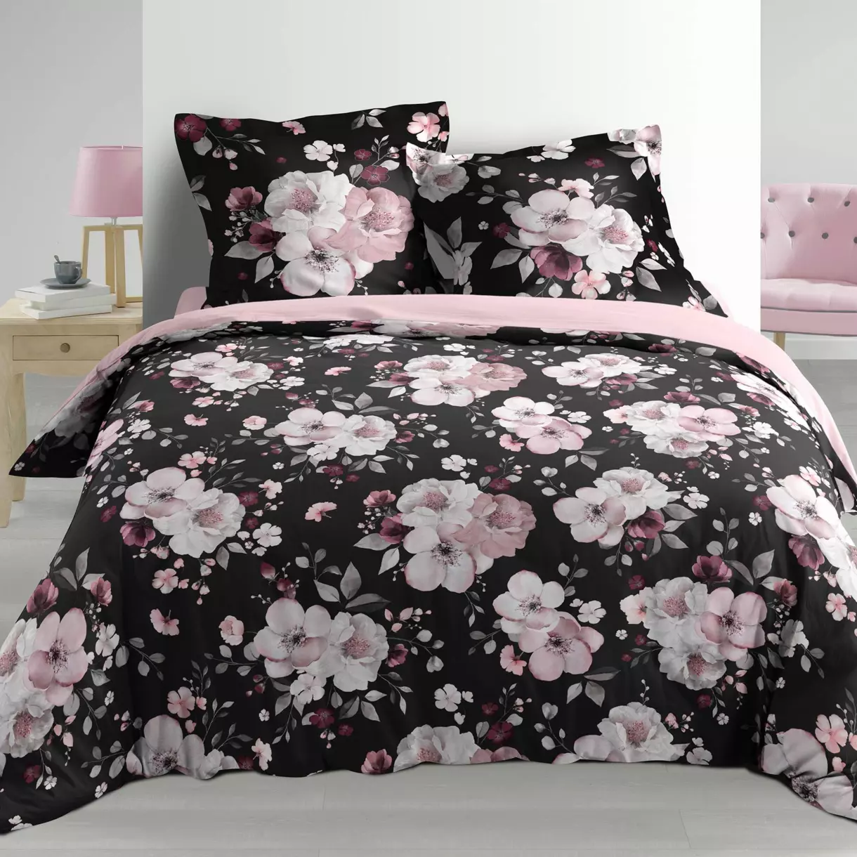 Housse de couette et deux taies percale de coton (240 cm) Velvet Flower Noire 1