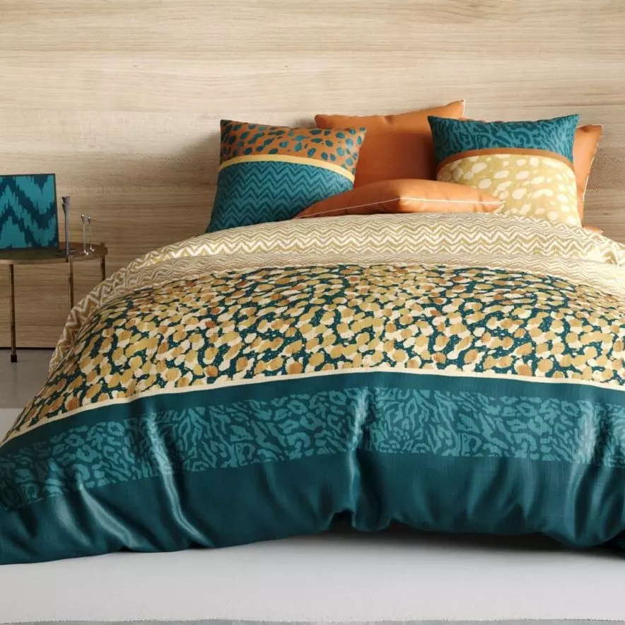 Housse de couette et deux taies coton (240 cm) Fauve Vert émeraude 1