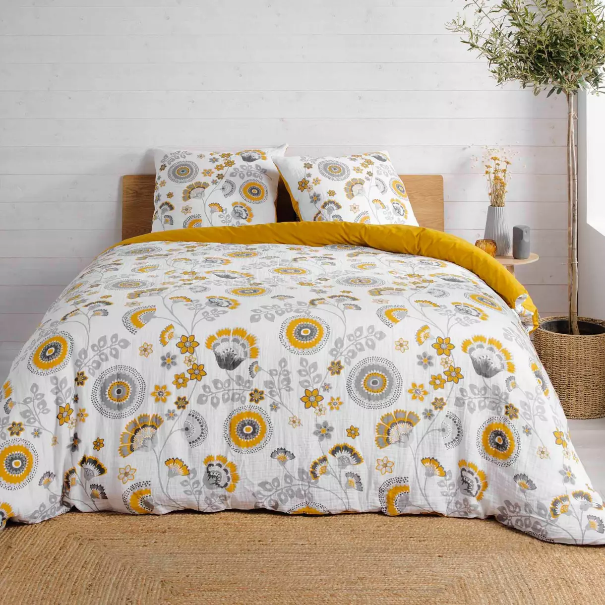 Housse de couette et deux taies gaze de coton (260 cm) Garance Jaune 1