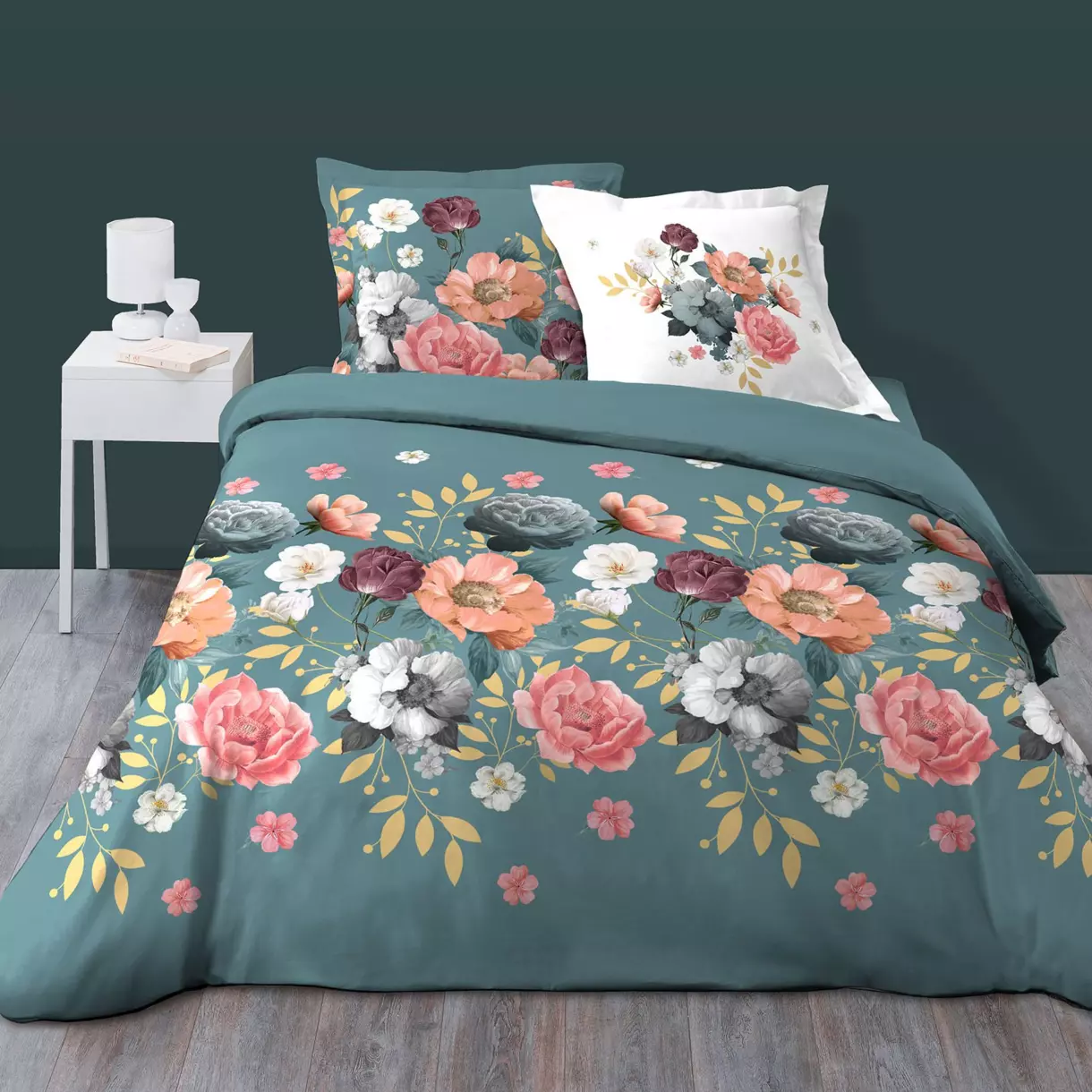 Housse de couette et deux taies coton (240 cm) Rosalita Bleue 1