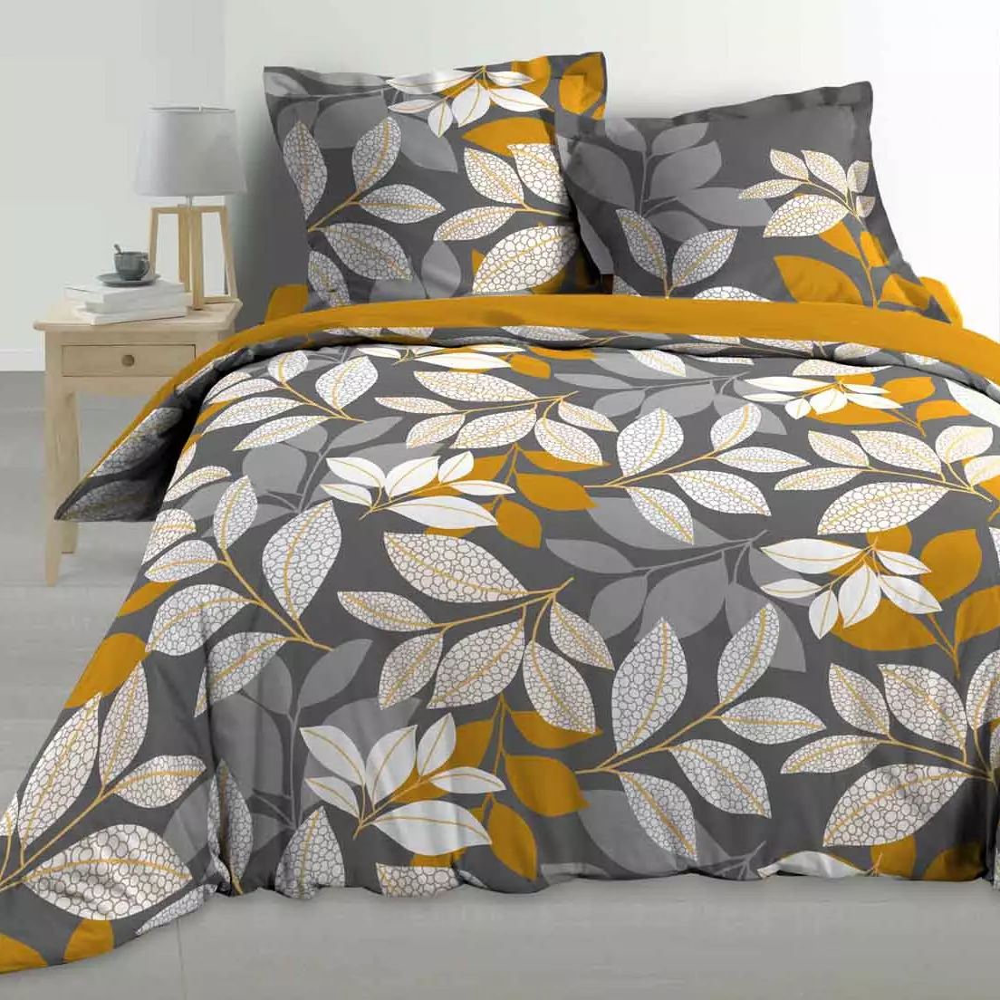 Housse de couette et deux taies percale de coton (240 cm) Scala Grise 1