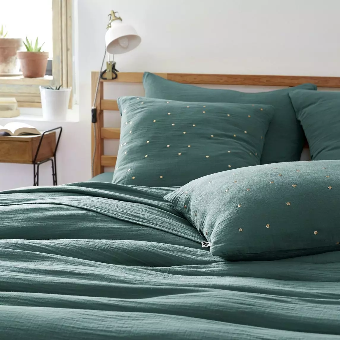 Funda de almohada cuadrada en en gasa de algodón (60 cm) Gaïa Chic Azul trullo 1