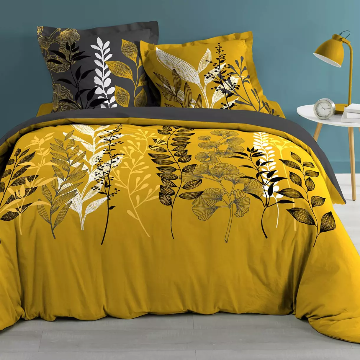 Housse de couette et deux taies coton (240 cm) Isabella Jaune 1