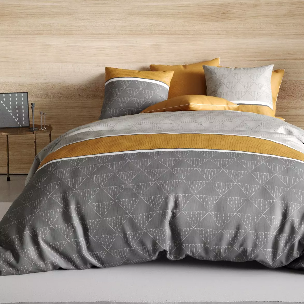 Housse de couette et deux taies coton (260 cm) Balmaz Jaune  1