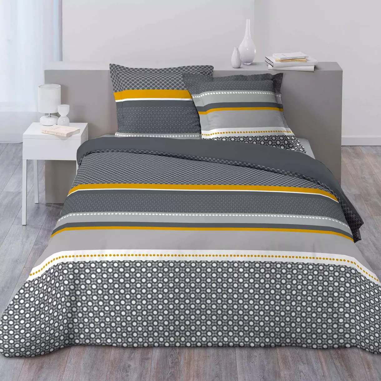 Housse de couette et deux taies coton (260 cm) Alidor Jaune 1