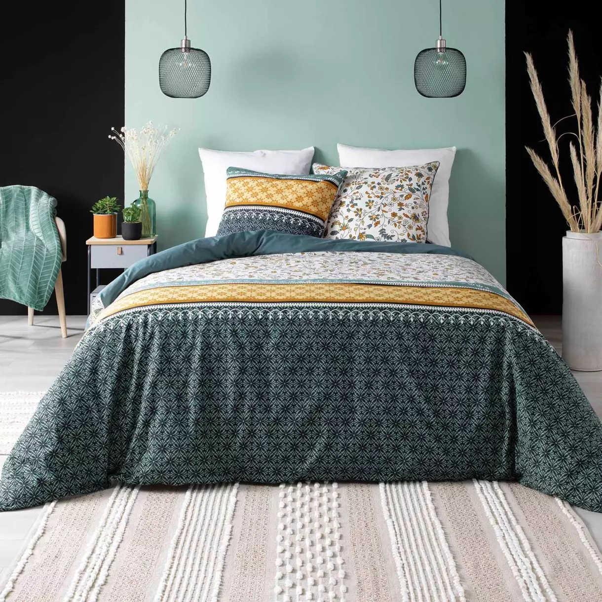 Housse de couette et deux taies coton bio (240 cm) Fleurine Jaune 1