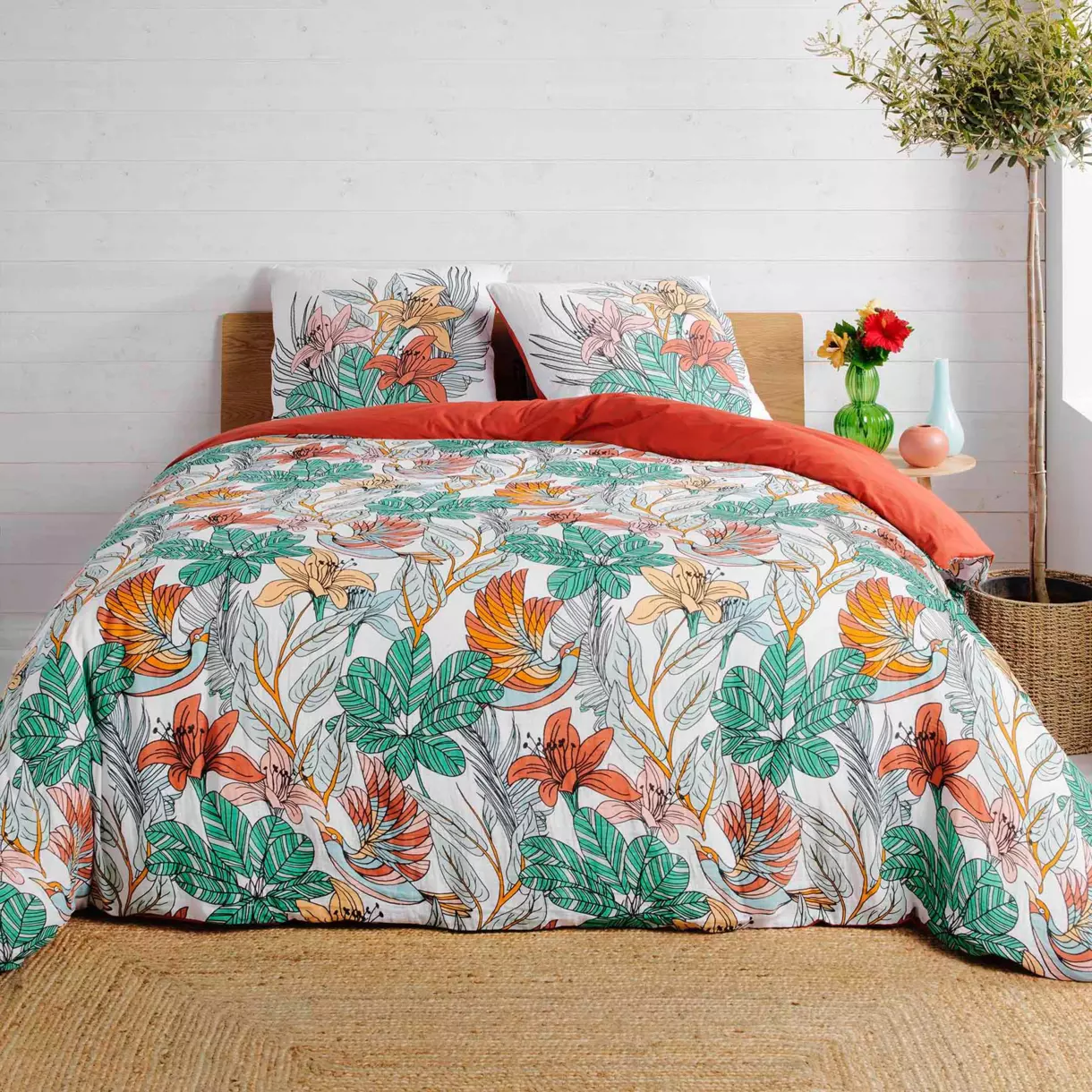 Housse de couette et deux taies gaze de coton (240 cm) Palombe Orange 1