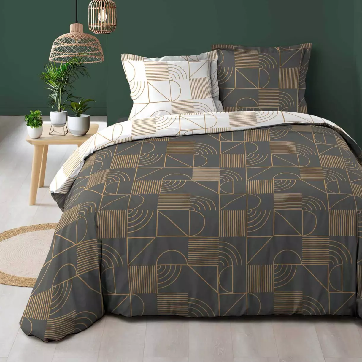 Housse de couette et deux taies coton (240 cm) Lineor Gris anthracite et Or 1