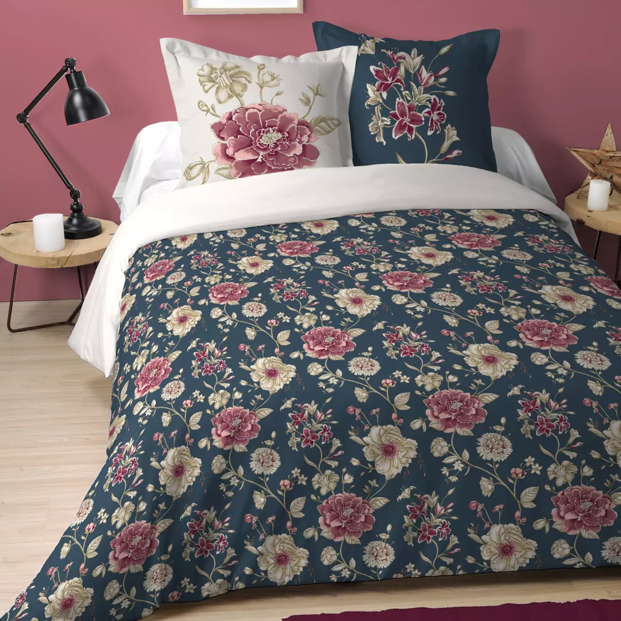 Funda nórdica y dos fundas de almohada en algodón (240 cm) Flore Azul 1