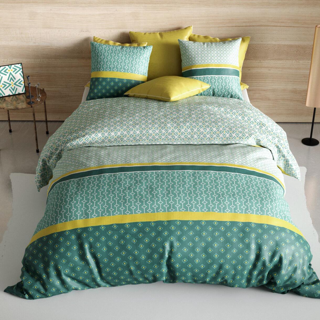 Funda nórdica y dos fundas de almohada en algodón (200 cm) Malphite Verde esmeralda 1