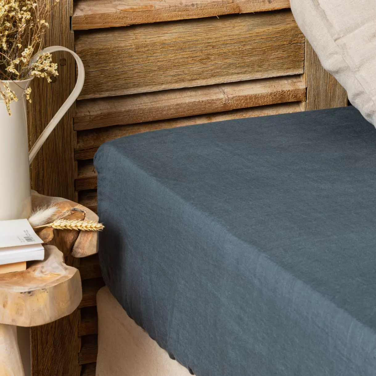 Drap housse lin lavé (140 cm) Louise Gris ardoise 1