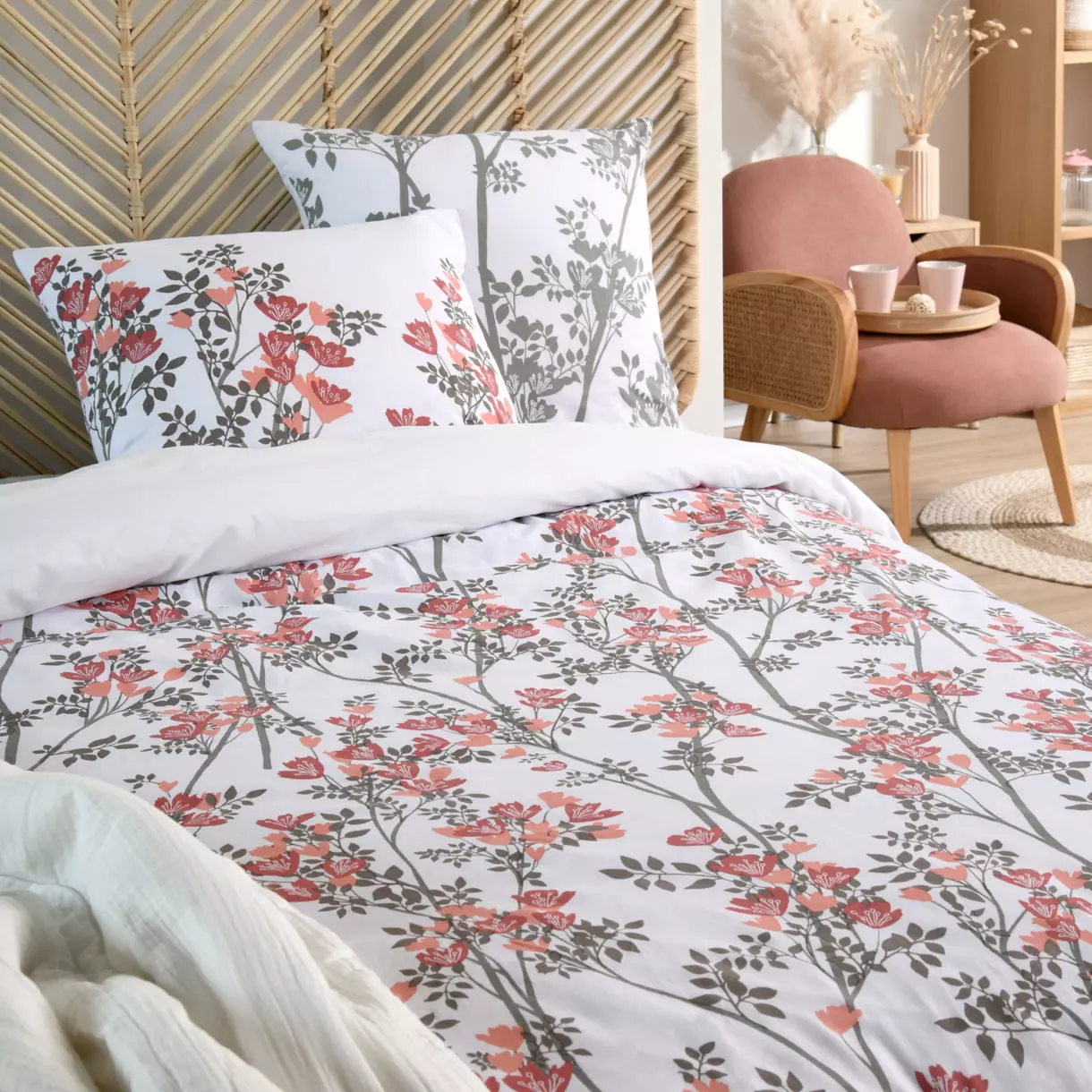 Housse de couette et deux taies coton (240 cm) Ines Rose
