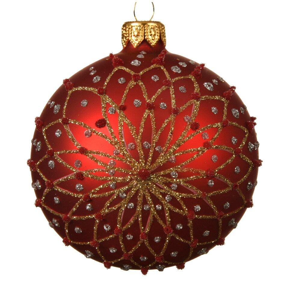 Lotto di 6 palline di Natale di vetro (D80 mm) Fiori pailletées Rosso 1