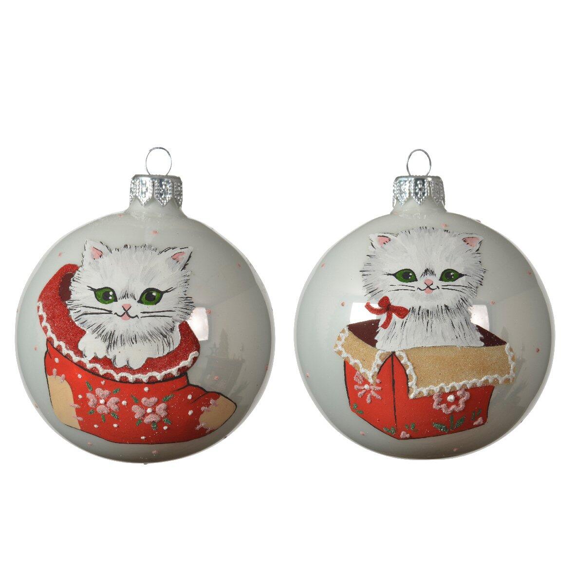 6er set Weihnachtskugeln aus Glas (D80 mm) mit Katzen Weiß  1