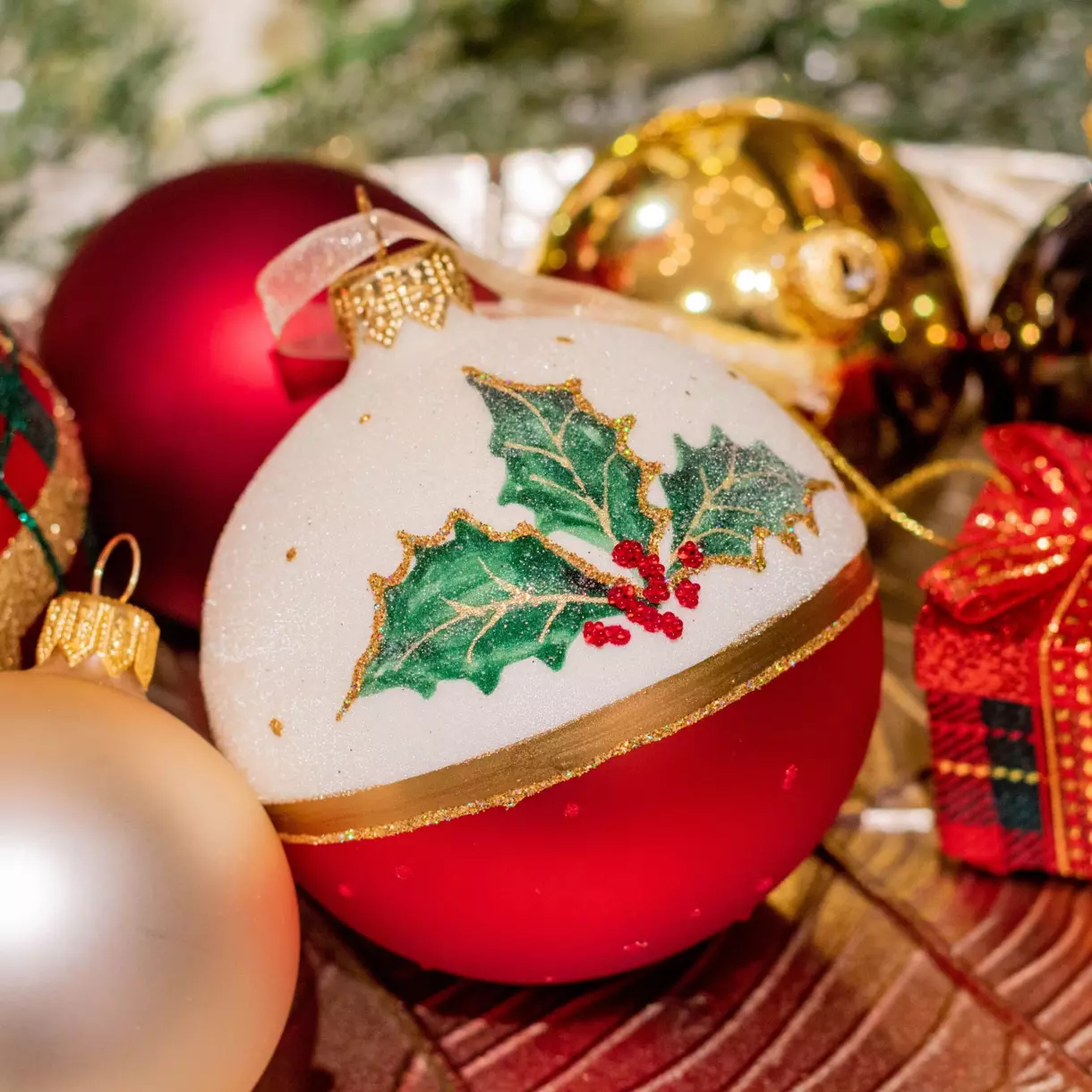 Set van 6 glazen kerstballen (D80 mm) Houx Rood 1
