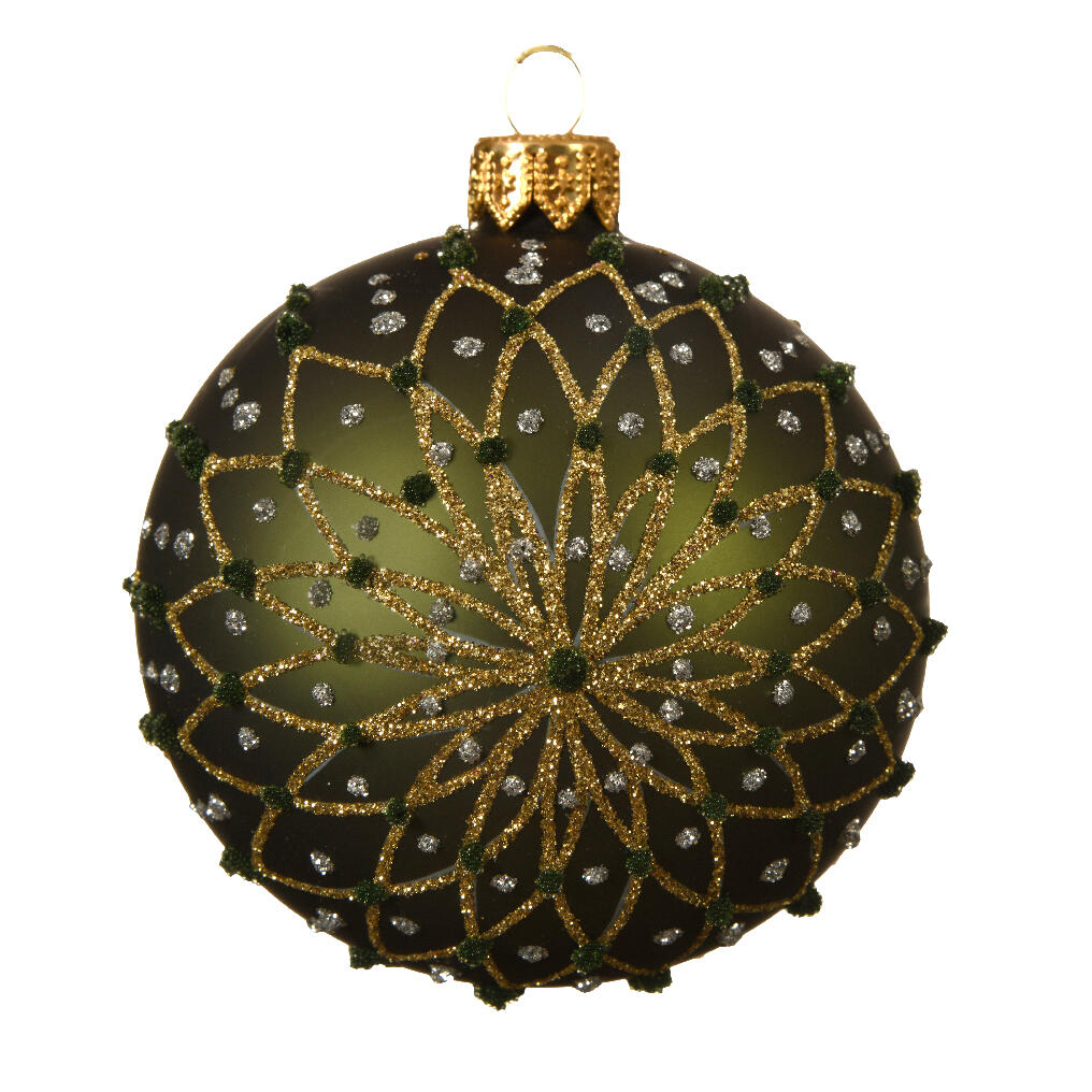 Lotto di 6 palline di Natale di vetro (D80 mm) Fleurs pailletées Verde abete 1