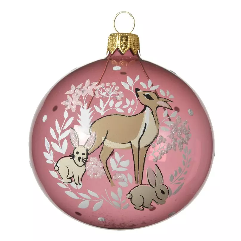 Lot de 6 boules de Noël en verre (D80 mm) Cerf Vieux rose  1