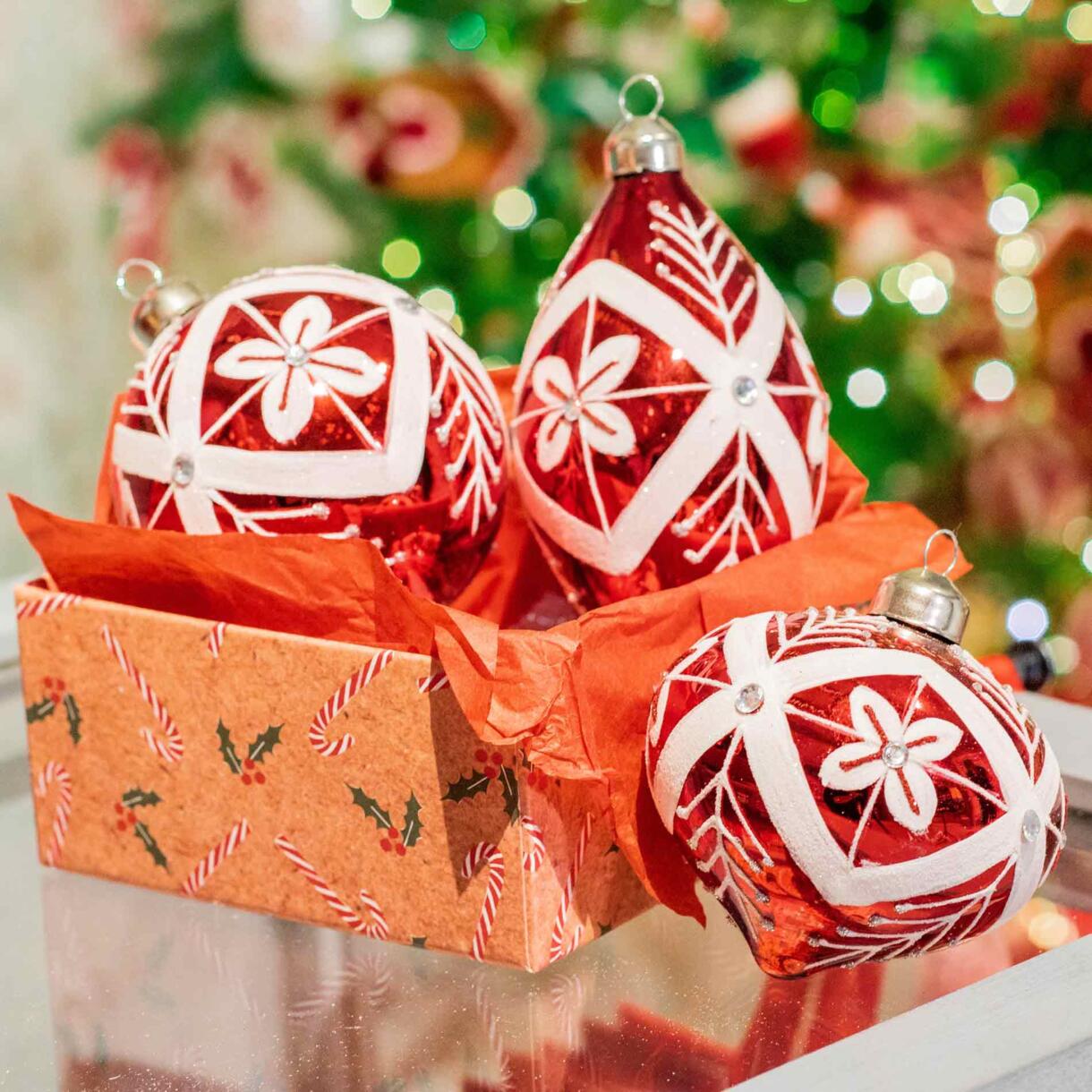 Lotto di 3 palline di Natale di vetro (D80 mm) Ornélia Rosso 1