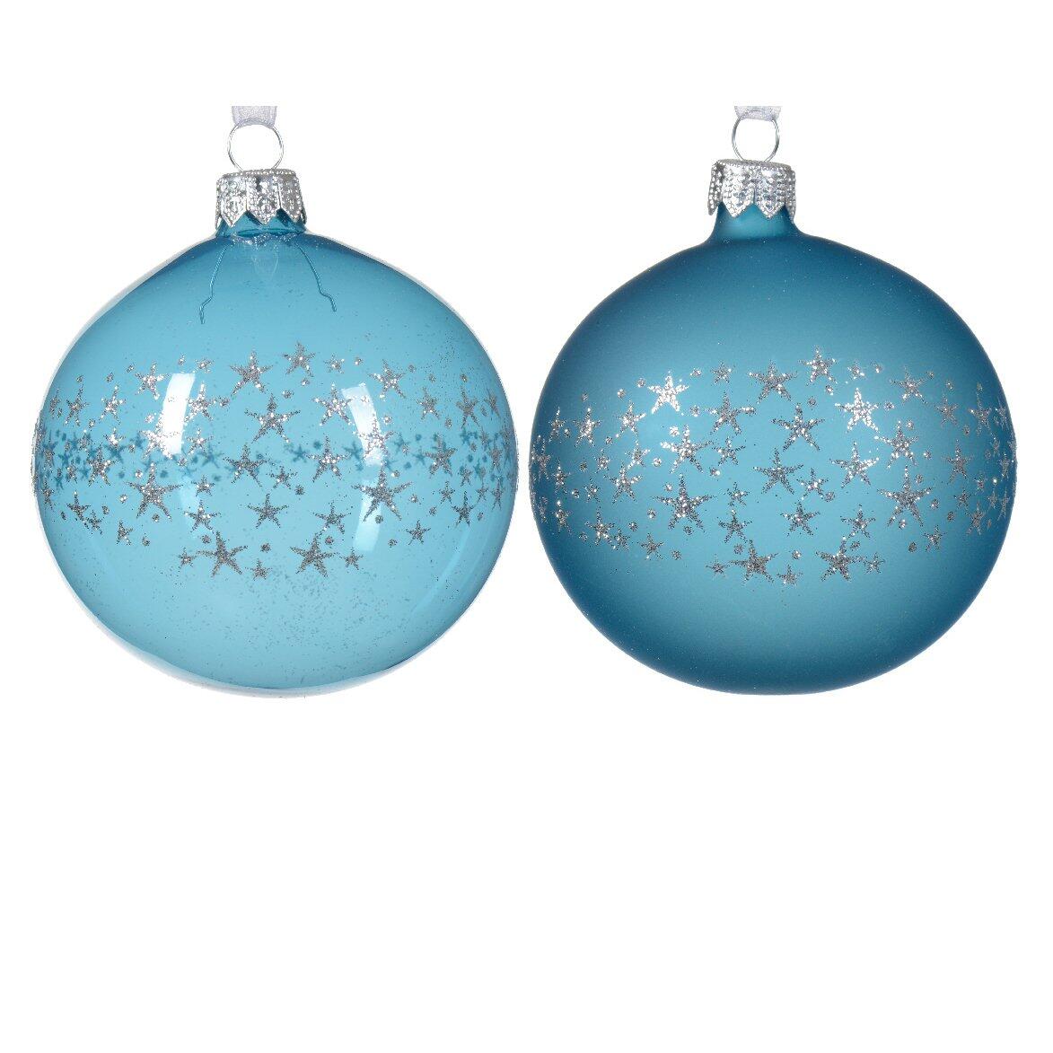 Lot de 6 boules de Noël (D80 mm) en verre Couronne d'étoiles Bleu pétillant  1