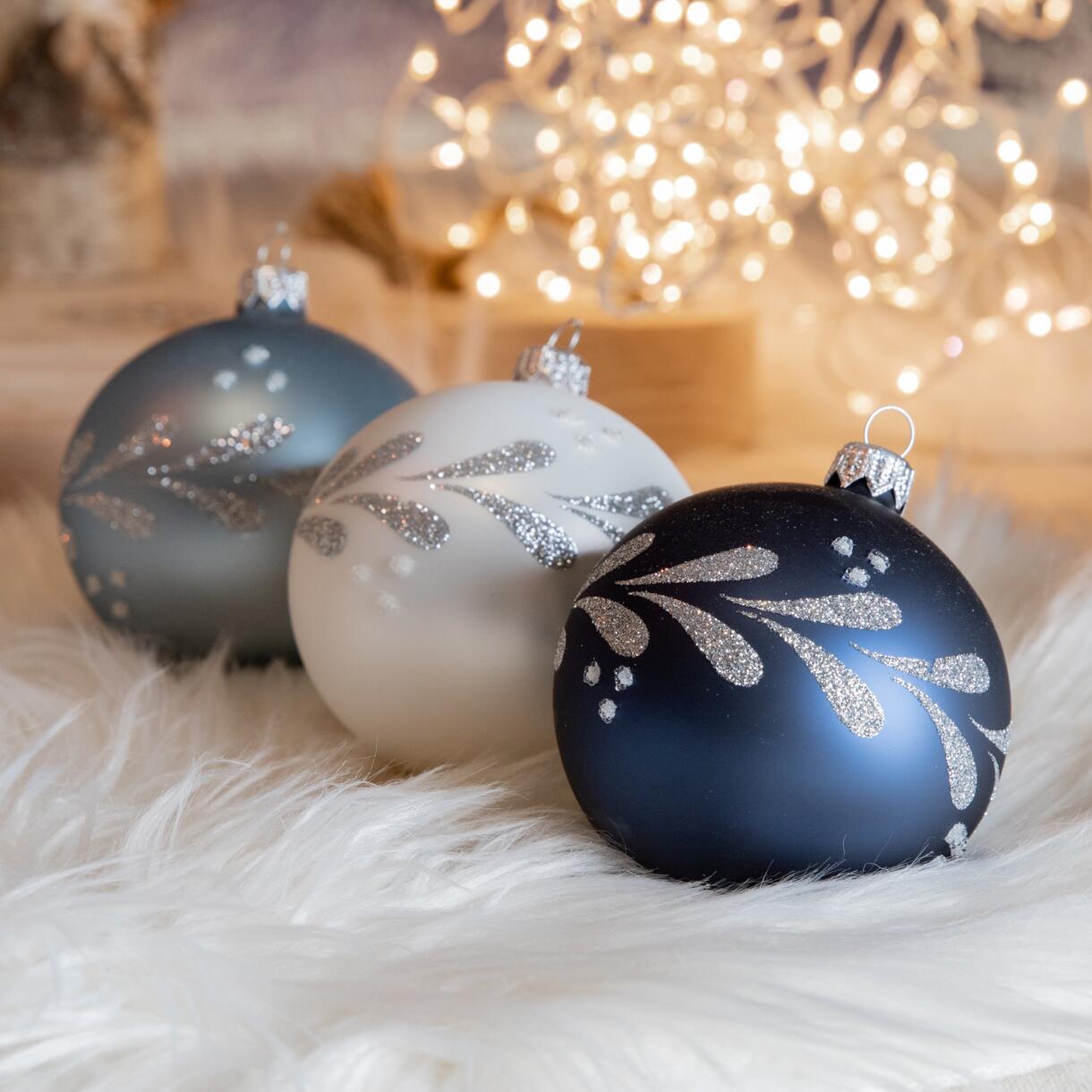 Lot de 6 boules de Noël (D80 mm) en verre Couronne de feuilles Bleu nuit 1
