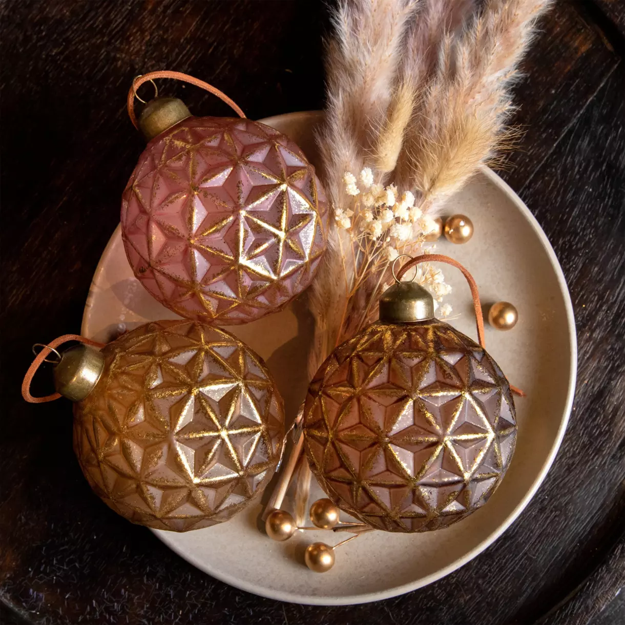 Lote de 12 bolas de Navidad (D80 mm) en vidrio Losange café, café jengibre y Rosa antiguo 1