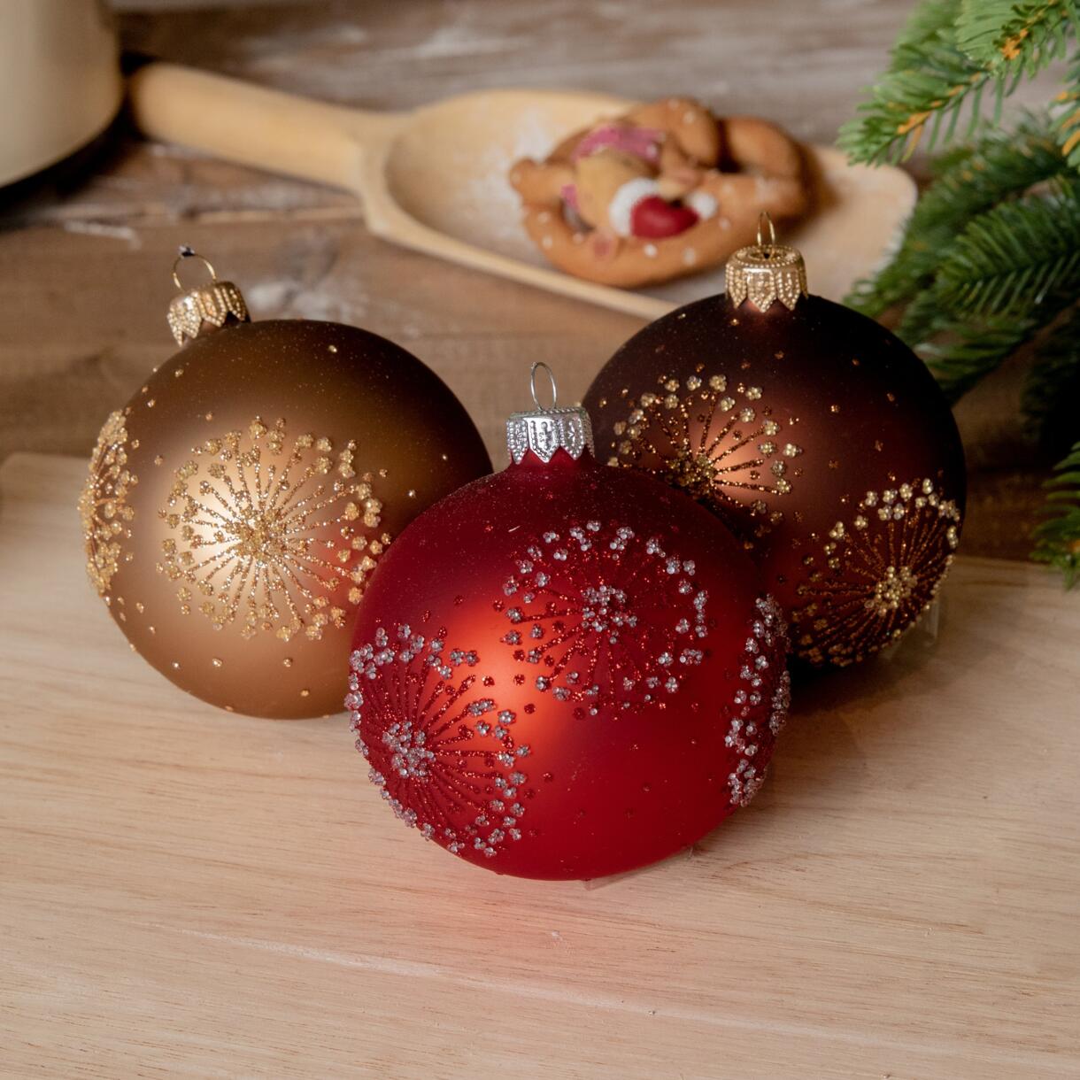 Lote de 6 bolas de Navidad (D80 mm) en vidrio Eline Rojo, café y  Café jengibre 1