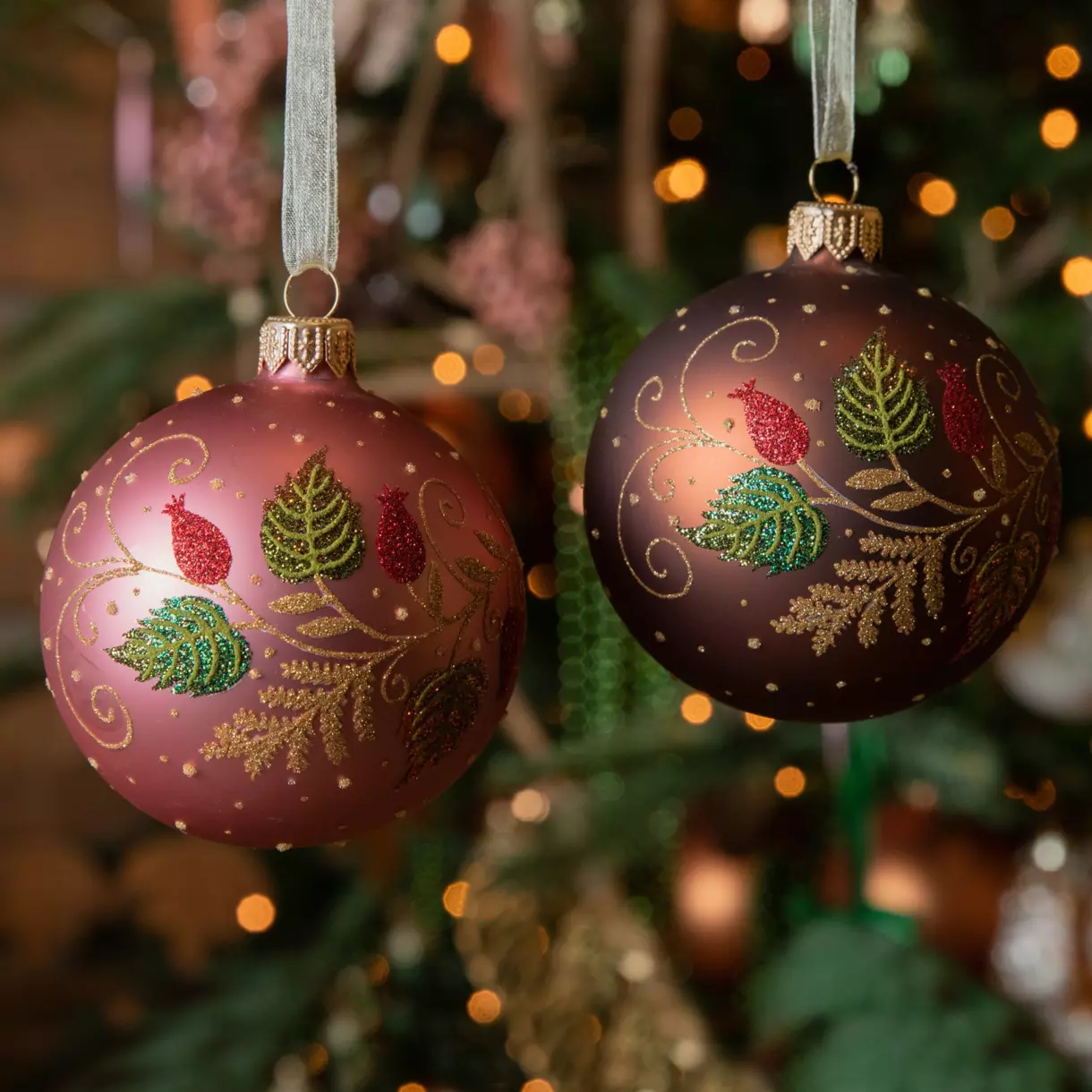 Lot de 6 boules de Noël (D80 mm) en verre Bourgeon Vieux rose 1