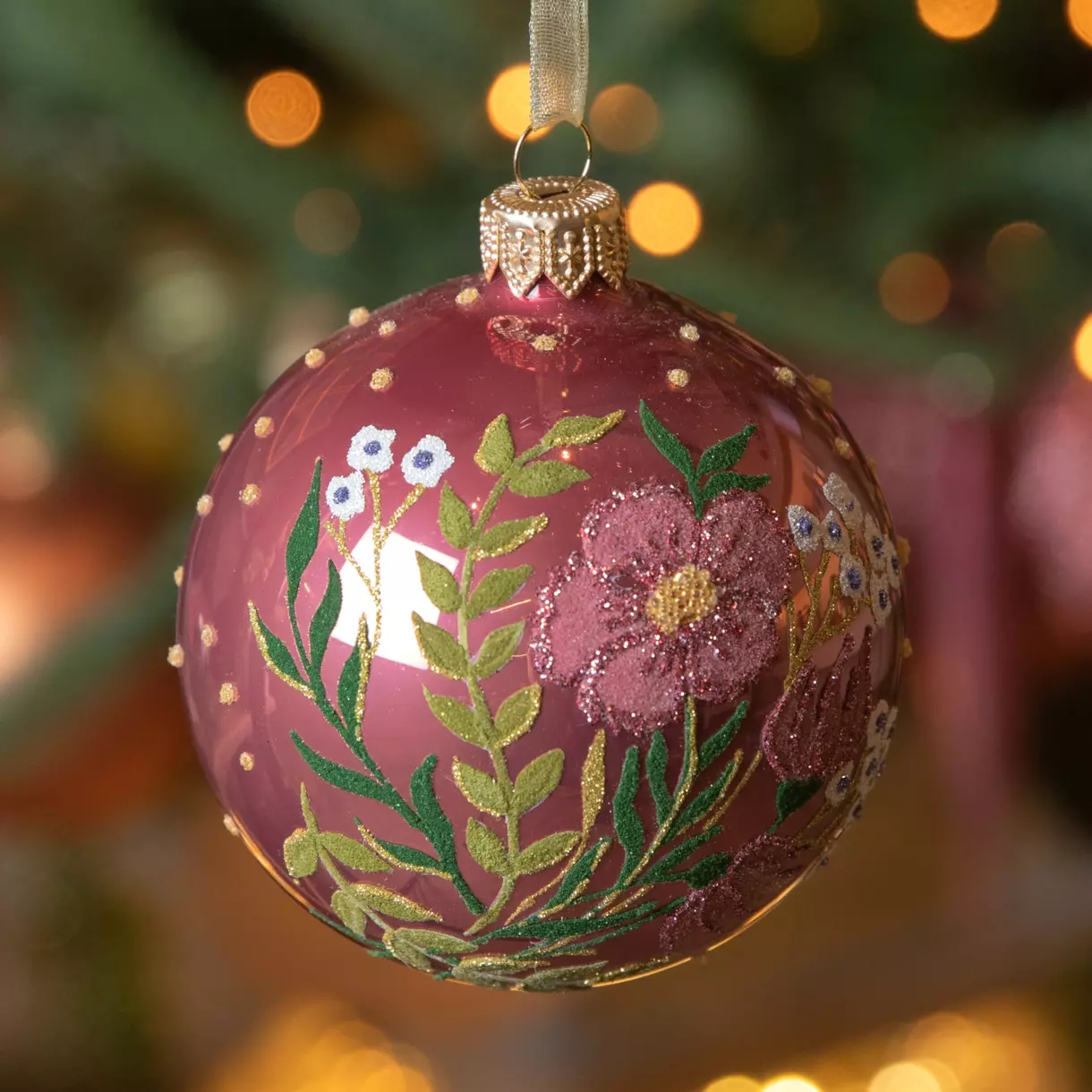 Lote de 6 bolas de Navidad (D80 mm) en vidrio Jardin Rosa antiguo 1