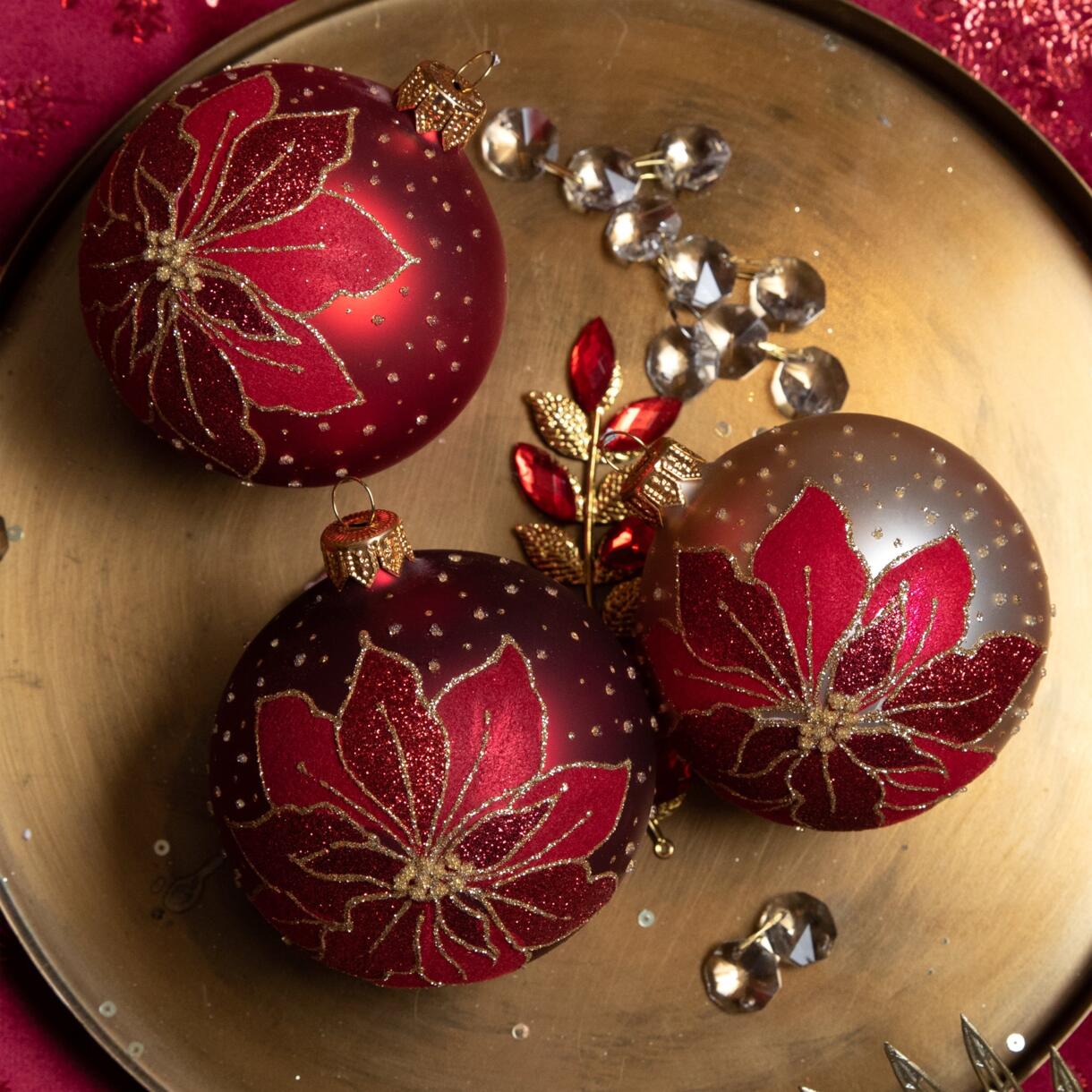 Lote de 6 bolas de Navidad (D80 mm) en vidrio Poinsettia Rojo 1