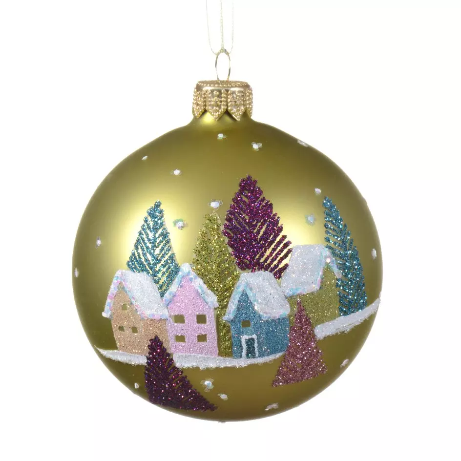Lote de 6 bolas de Navidad (D80 mm) en verre Maisons enneigées Pistacho 1