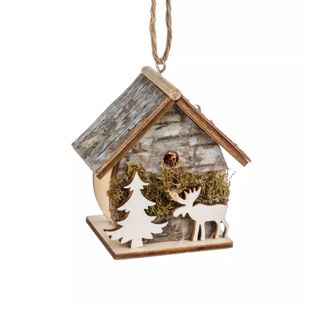 Kerstvogelhuisje Kerstboom en rendier om op te hangen naturelkleur 1
