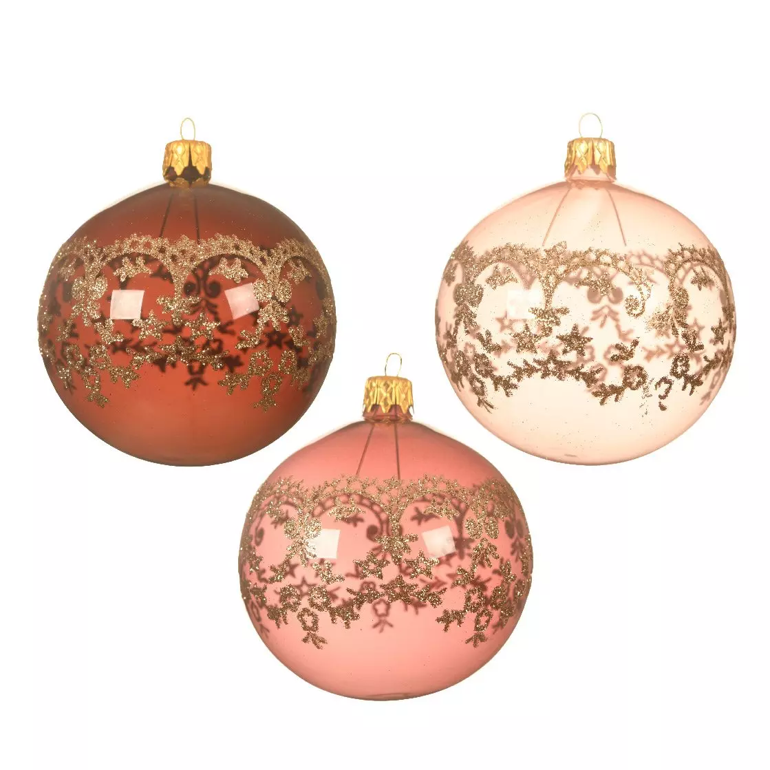 Lote de 6 bolas de Navidad en vidrio (D80 mm) Dentelie Rosa palo  1