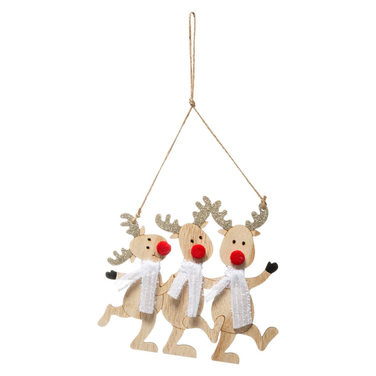 Kersthangdecoratie Rendieren met sjaals van hout naturelkleur 1