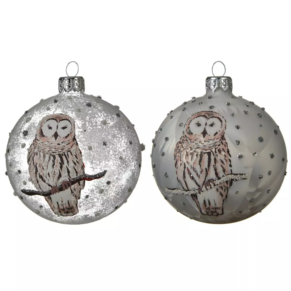 Lot de 6 boules de Noël en verre (D80 mm) Chouette Blanc  1