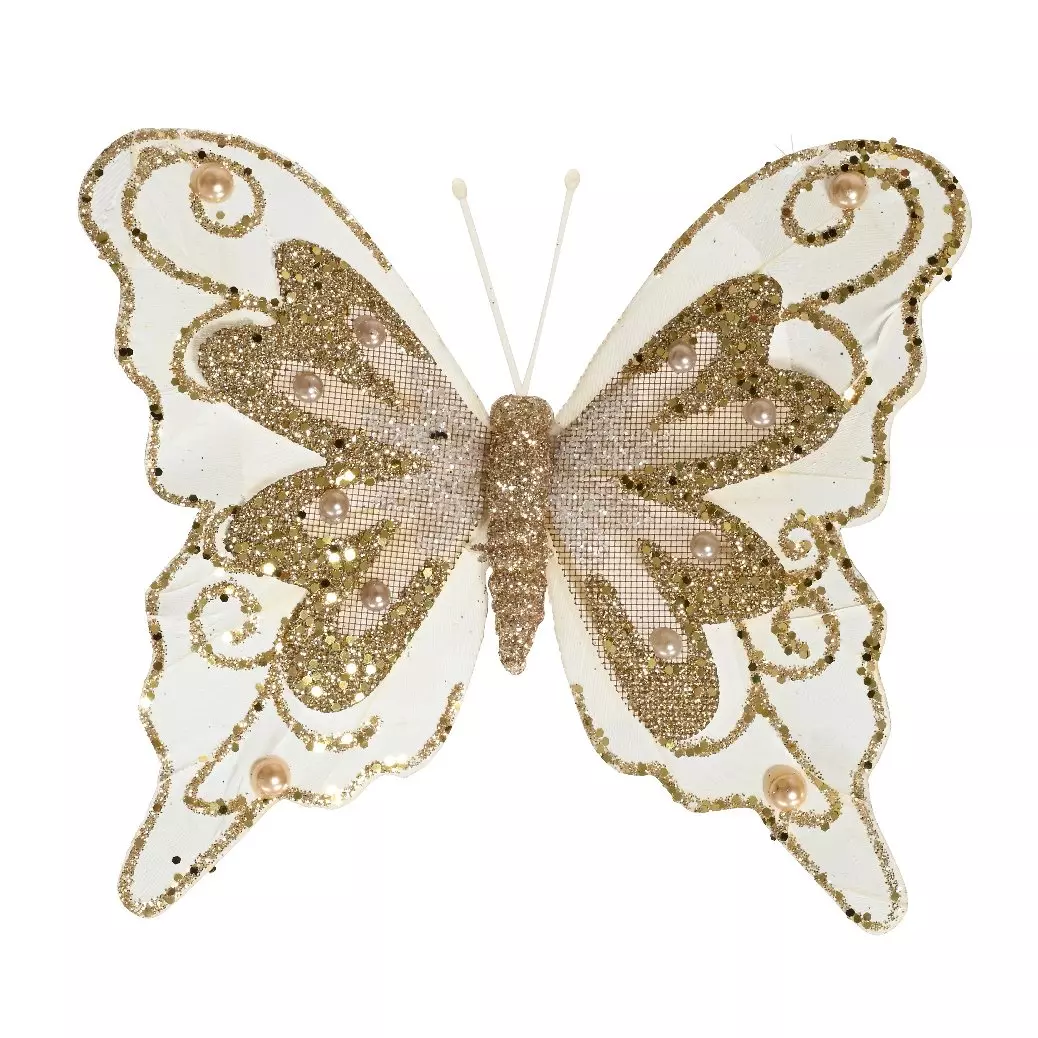 eminza Lot de 3 papillons (H12 cm) Perles de rocaille Champagne