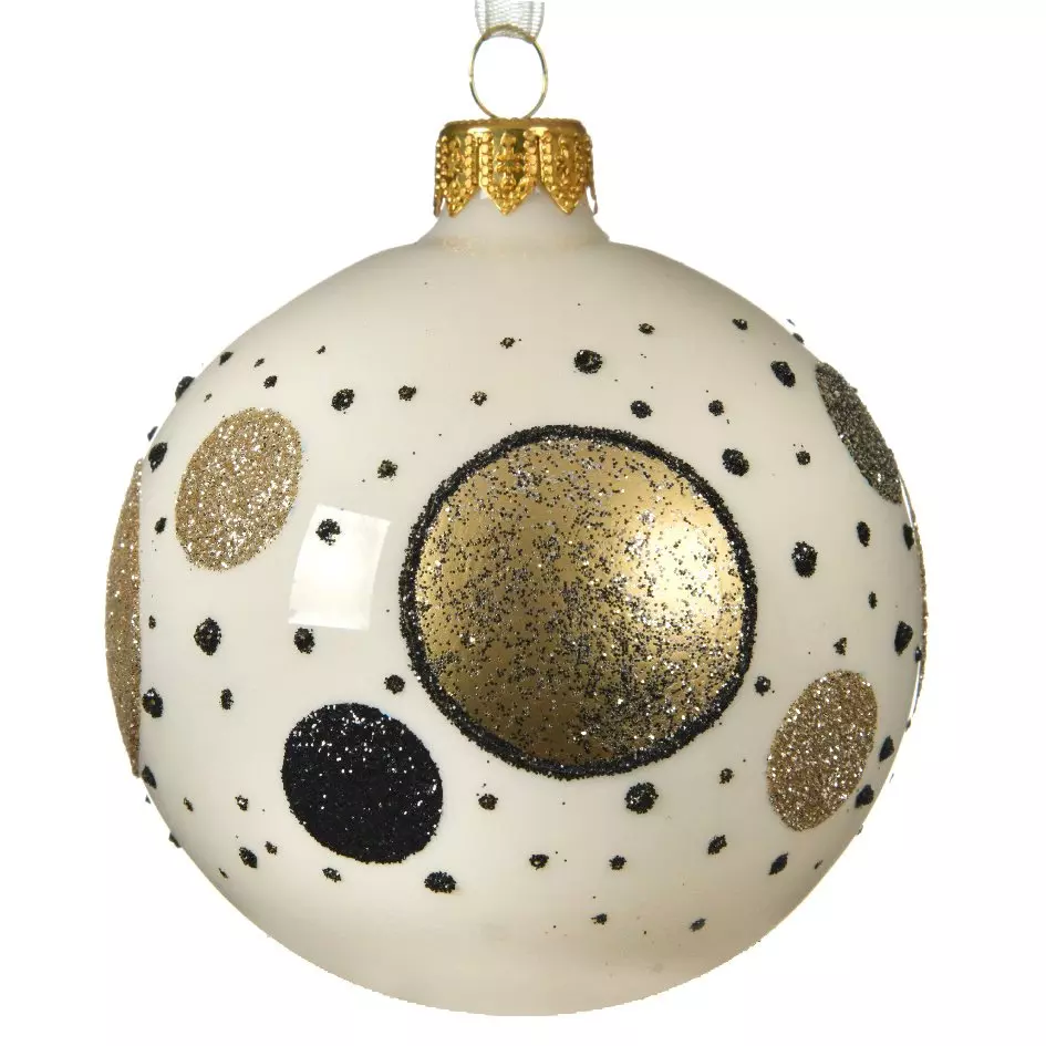 6er set Weihnachtskugeln aus Glas (D80 mm) Dots Wollweiß  1