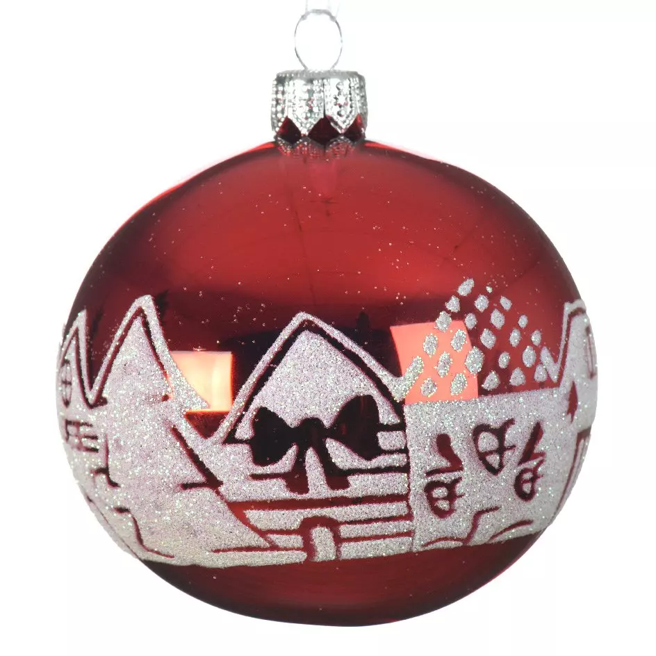 Lote de 6 bolas de Navidad en vidrio (D80 mm) Casa nevada Rojo  1