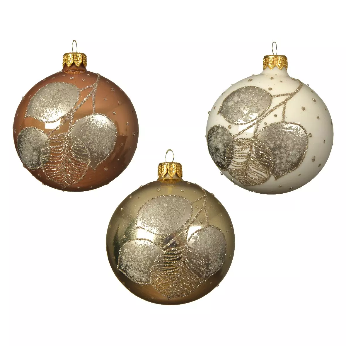 Lot de 6 boules de Noël en verre (D80 mm) Pois argentés Blanc laine/Camel/ Champagne  1
