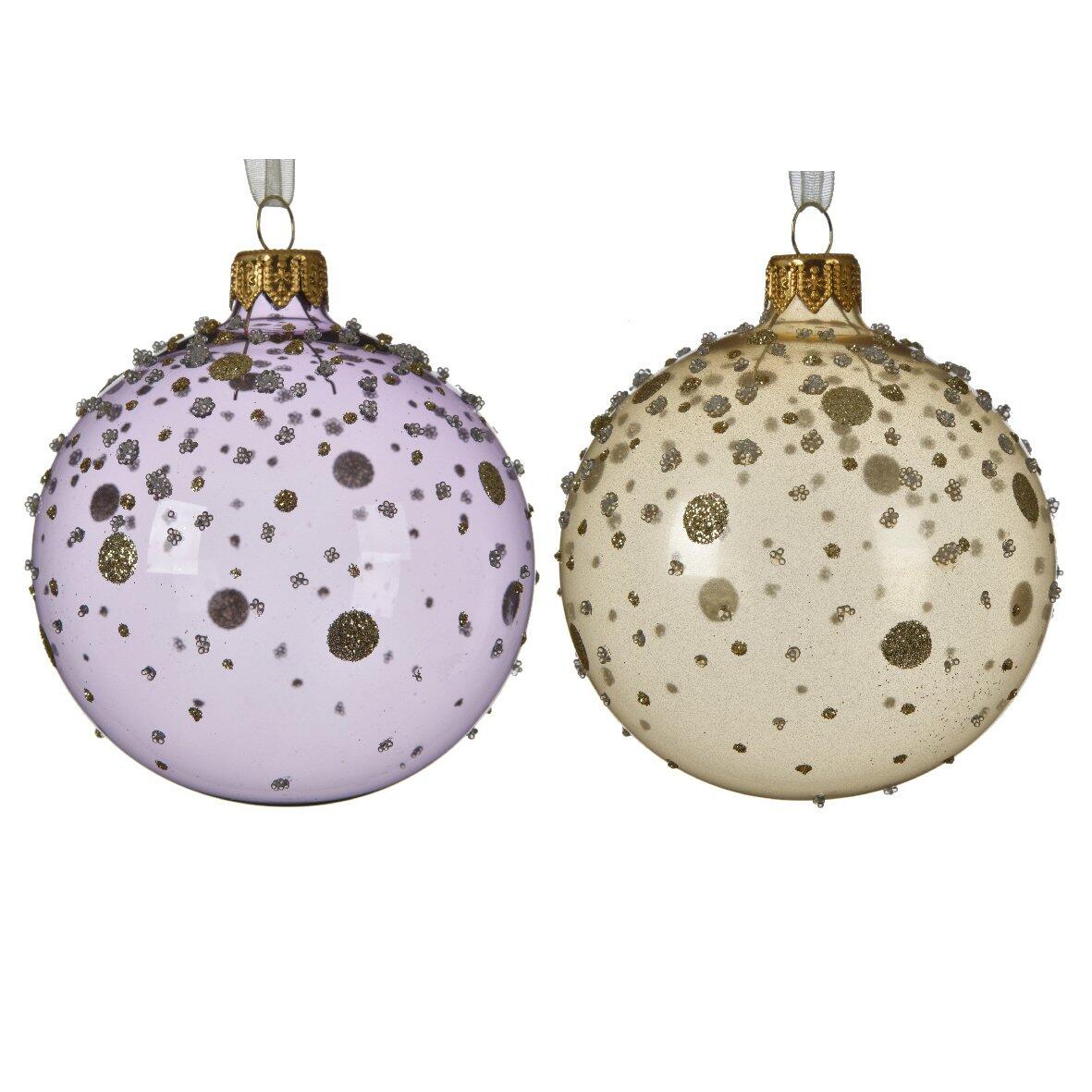 Set van 6 glazen kerstballen (D80 mm) Glinsterende stippen Champagne/ Distelpaars  1