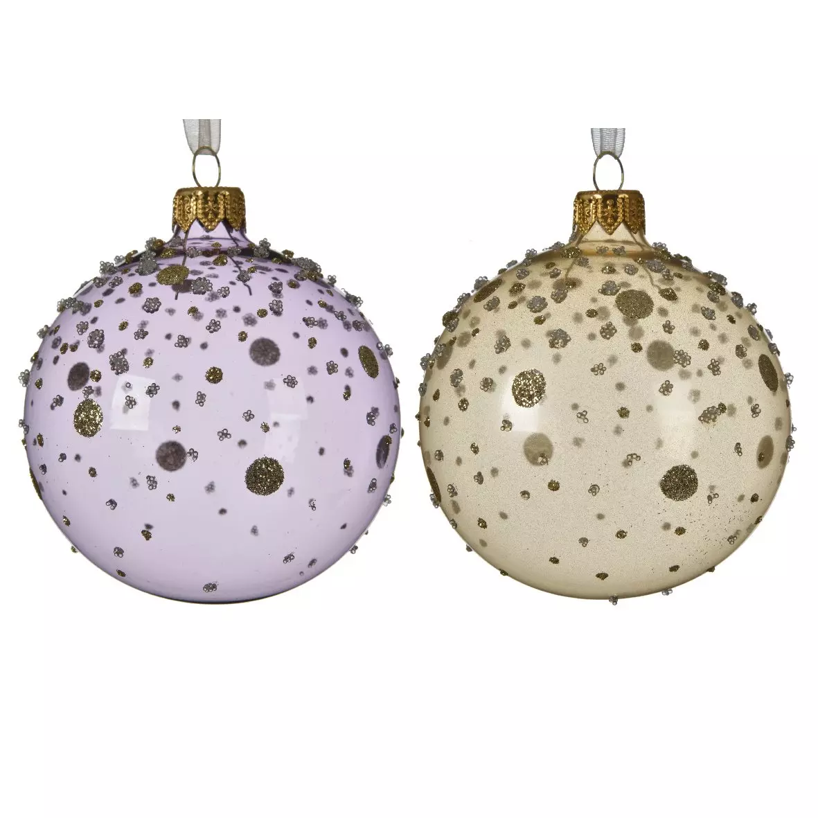 Lot de 6 boules de Noël en verre (D80 mm) Pois pailletés Champagne/ Mauve  1